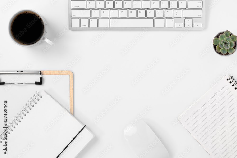 Minimal Office desk table top view with office supply and coffee Minimal Office desk table top view with office supply and coffee
