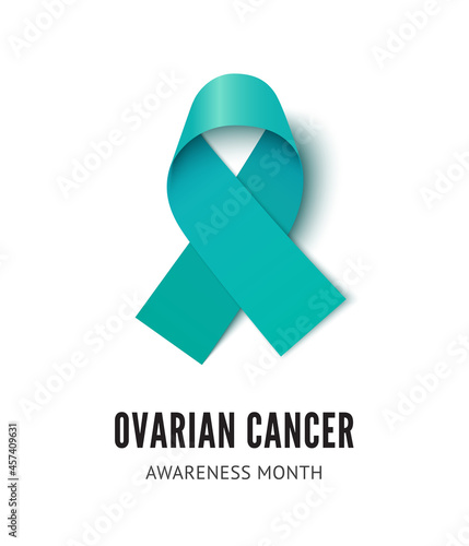 Ovarian cancer awareness ribbon vector illustration isolated on white background. Realistic vector teal silk ribbon with loop