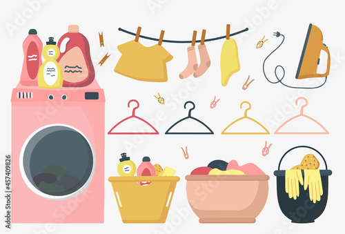 A collection of vector illustrations for dirty and clean clothes. A set of underwear. A lot of washed clothes, clothes in the basket. Clean T-shirt and socks, towel, insulated design elements on white