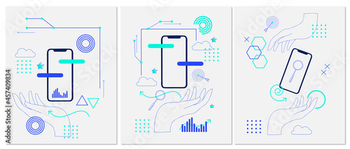 Set de trois illustrations vectorielles. Mains, téléphone et technologie. Formes graphiques et abstraites. Illustration design et multimédia 