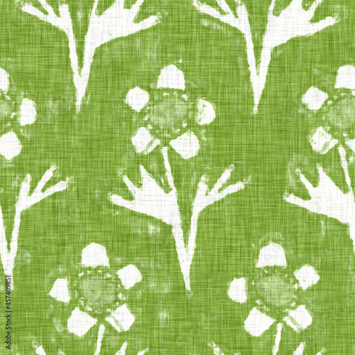 Hand drawn flower motif linen texture. Whimsical garden seamless pattern. Modern spring doodle floral nature textile for home decor. Botanical scandi style rustic green all over print.