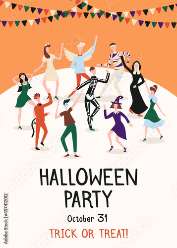 Poster for Halloween party. People dancing at the party in costumes of Halloween characters under the garlands of corful flags. Vector illustration