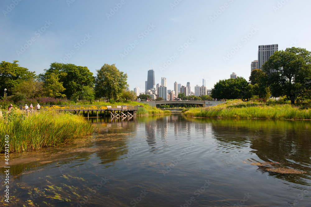A partial view of the Chicago skyline as seen from the gardens of Lincoln Park. A partial view of the Chicago skyline as seen from the gardens of Lincoln Park.