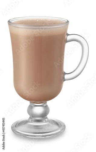 Glass cup of hot cocoa drink on white background
