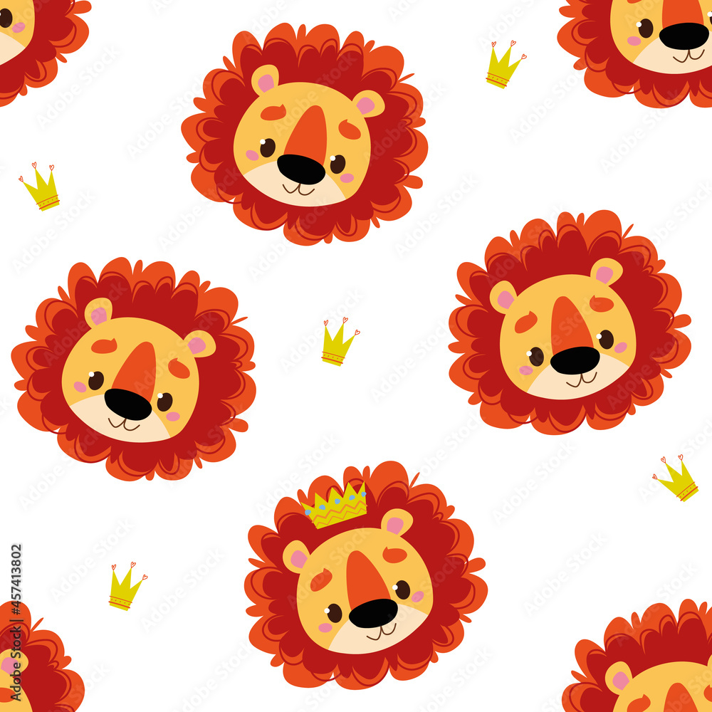 Seamless pattern with cartoon lions on a white background. Vector illustration of an animal character in a minimalistic flat style, hand drawing. Childrens print for textiles, print design, postcards