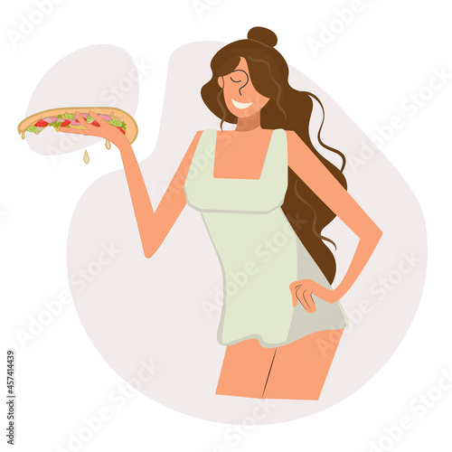 A cute girl in a nightgown greedily eats pizza day and night. Sexy hamster woman. Healthy food control concept. Isolated vector illustration in flat style. Soft trendy shades.