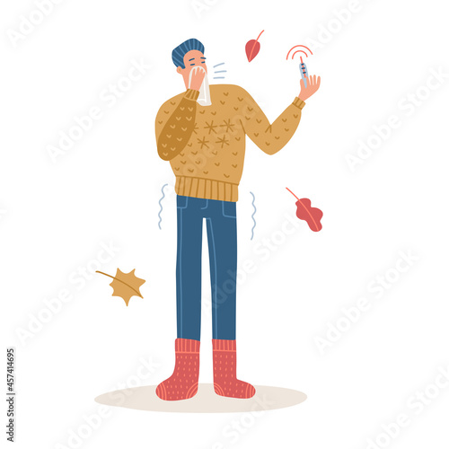 Man sneeze covered by tissue. Coronavirus COVID-19 outbreak concept. Male full-length character wearing a sweater and knitted socks and holding a thermometer in hand. Vector flat illustration