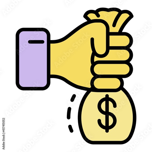 Hand take bribery money bag icon. Outline hand take bribery money bag vector icon color flat isolated on white