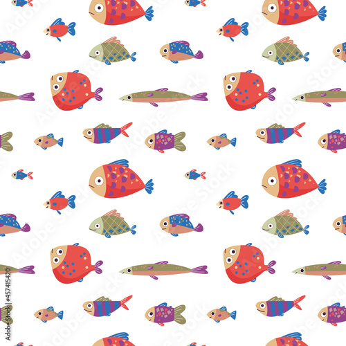 Seamless pattern with red and green fish on a white background. Vector art with flounder and eel in a minimalistic flat style, hand drawing. Kitchen print for textiles, print design, postcards