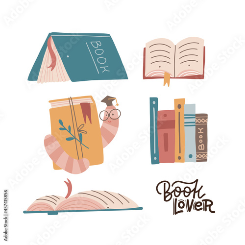 Book lover collection. Set of various books and stack of books with bookworm in glasses. Hand drawn educational flat vector illustrations in Cartoon style
