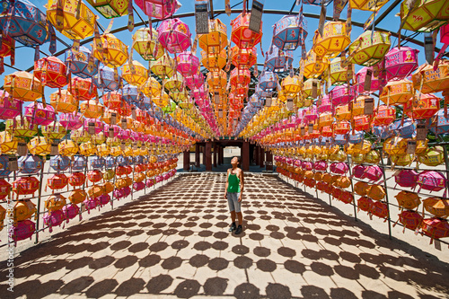 Woman admires lanterns at Naksansa Temple / Korea photo