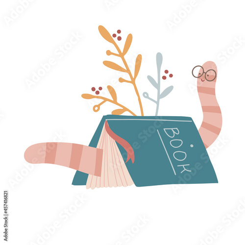 Book standing like a tent with bookworm in glasses inside. Hand drawn colored trendy flat vector illustration