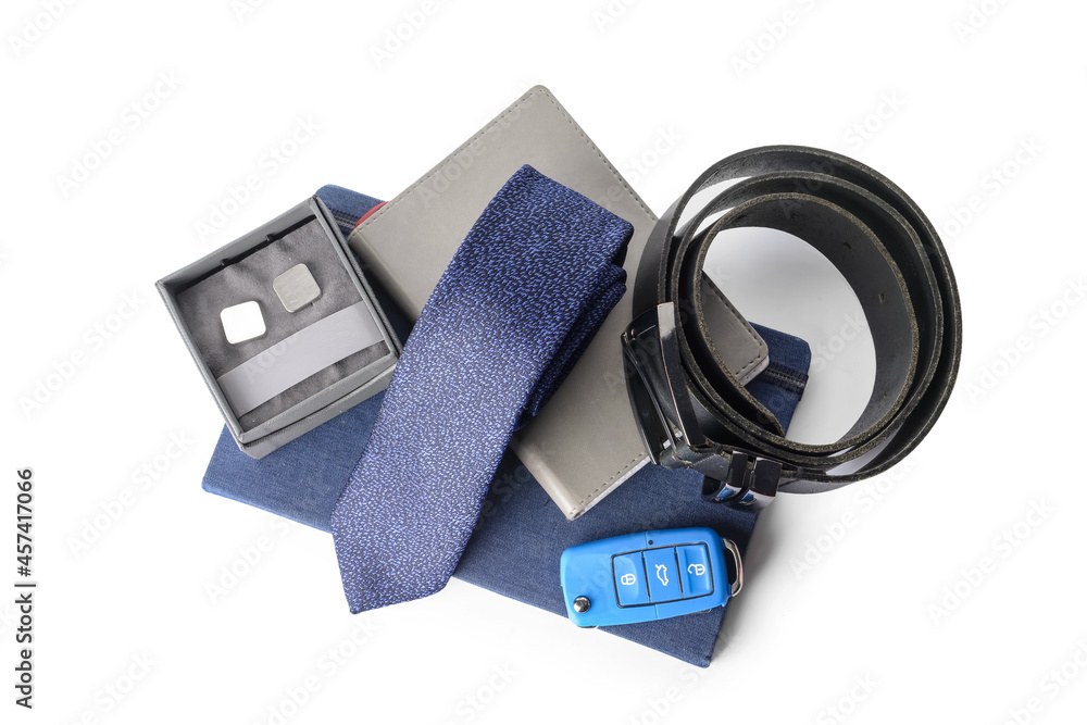 Set of stylish male accessories on white background Set of stylish male accessories on white background