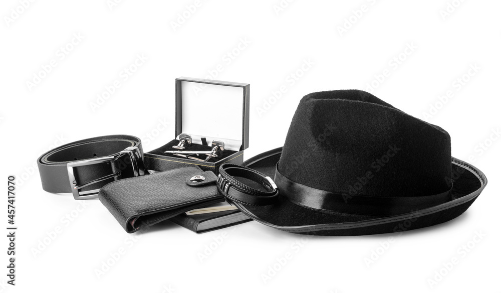 Set of stylish male accessories on white background Set of stylish male accessories on white background