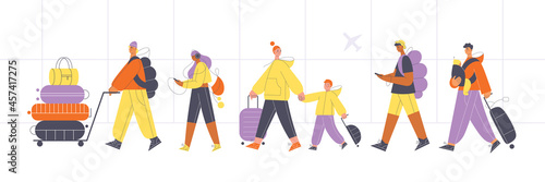 Diverse group of people walking in line with suitcases  at the airport. Air traveling concept flat vector illustration.
