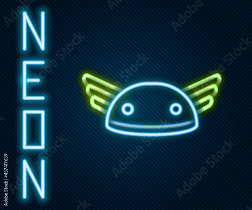 Glowing neon line Helmet with wings icon isolated on black background. Greek god Hermes. Colorful outline concept. Vector