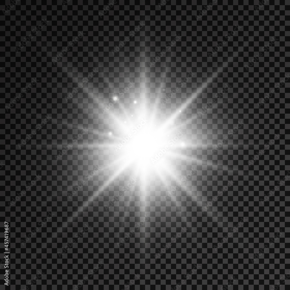 White glowing light star, burst sun rays.