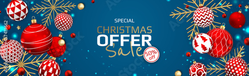 Merry Christmas and Happy New Year. Xmas background with realistic red balls. Levitation falling design composition.