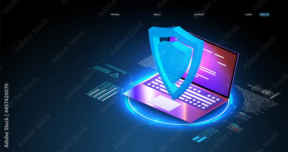 Security Data Protection concept on blue laptop. Isometric digital protection mechanism, system privacy. Digital lock. Data management. Cyber security and information or network protection. 
