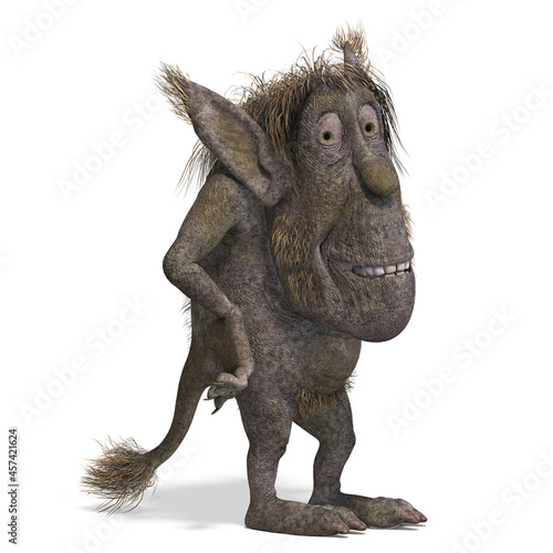 3D-illustration of a cute and funny cartoon troll waiting and watching over white