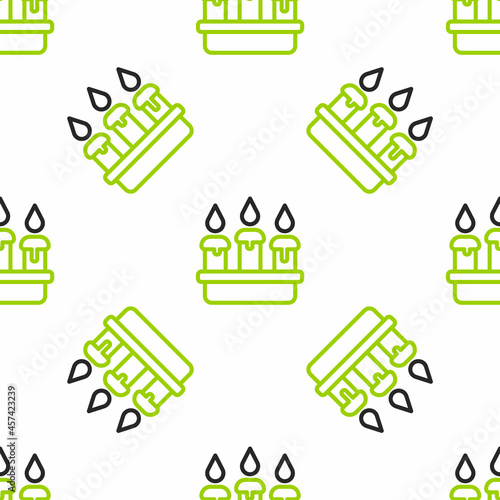 Line Burning candle in candlestick icon isolated seamless pattern on white background. Cylindrical candle stick with burning flame. Vector