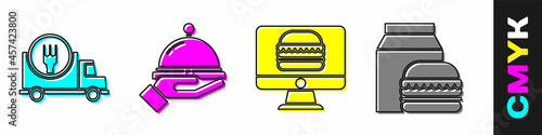 Set Fast delivery by car, Covered with a tray of food, Online ordering and delivery and Online ordering and burger delivery icon. Vector