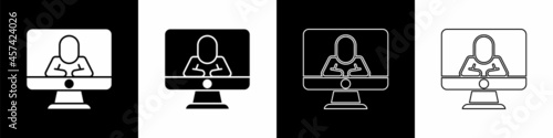 Set Online psychological counseling distance icon isolated on black and white background. Psychotherapy, psychological help, psychiatrist online consulting. Vector
