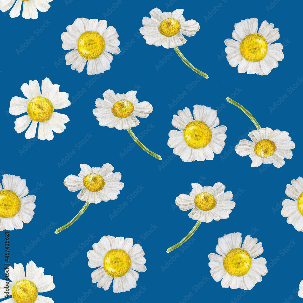watercolor illustration of decorative chamomile pattern on blue background for textiles and scrapbooking