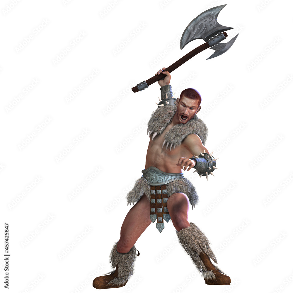 3d-illustration of an isolated barbarian warrior with fur loincloth 3d-illustration of an isolated barbarian warrior with fur loincloth