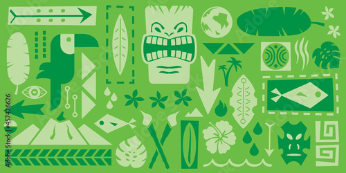 Tropical Tiki Graphics | Hawaiian Luau Icons | Tropic Island Vibes | South Pacific Symbols | Vector Tiki Torches, Masks, Volcanos, Toucans, Monstera Leaves, Palm Trees and More