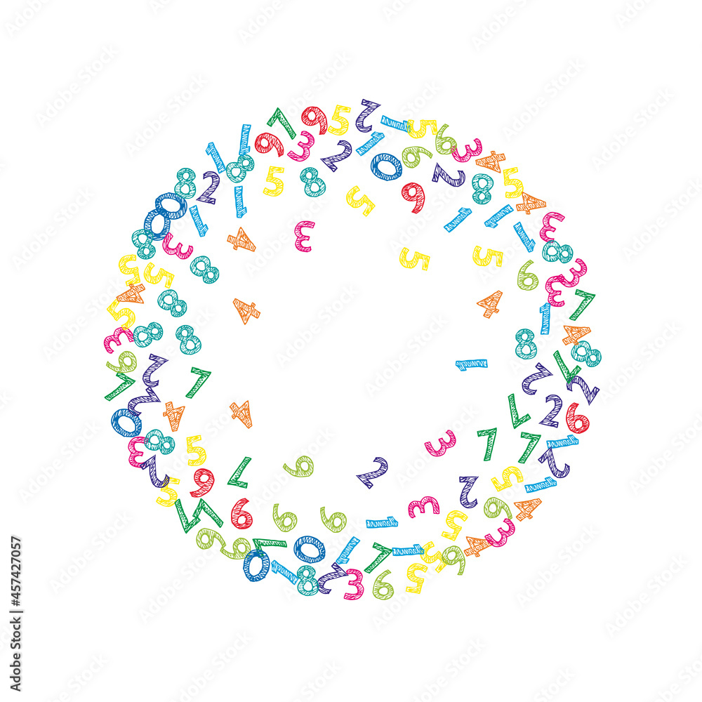 Falling colorful sketch numbers. Math study concept with flying digits. Bold back to school mathematics banner on white background. Falling numbers vector illustration. Falling colorful sketch numbers. Math study concept with flying digits. Bold back to school mathematics banner on white background. Falling numbers vector illustration.