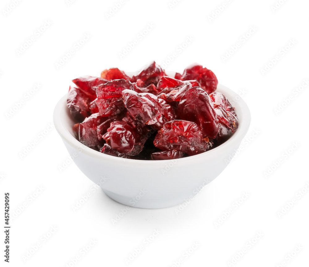 Bowl with tasty dried cranberries on white background Bowl with tasty dried cranberries on white background