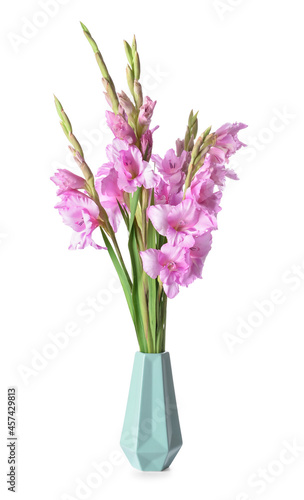 Fototapeta Naklejka Na Ścianę i Meble -  Vase with beautiful gladiolus flowers on white background