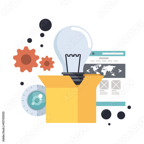 Lab Ideas Design. The creation of creative ideas. Creative process. Development production, plant and creation, invention and solution, innovation and discovery.  Flat vector illustration