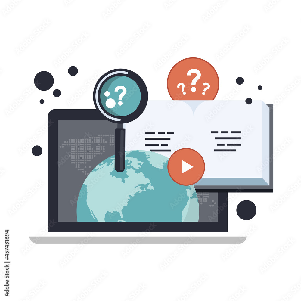 Education, training, on line tutorial, e-learning concept. Laptop with video on line training on the screen, with icons. Flat vector illustration. Education, training, on line tutorial, e-learning concept. Laptop with video on line training on the screen, with icons. Flat vector illustration.
