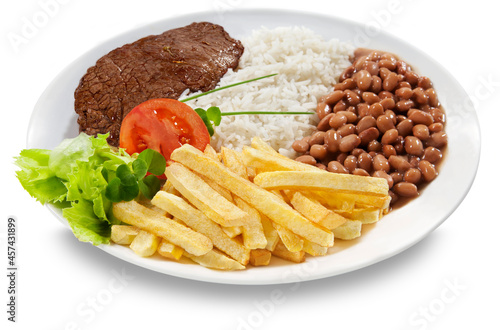 Arroz, feijão, bife de carne grelhada, batatas fritas e salada de alface com tomate. comida típica brasileira. Em fundo branco para recorte. photo