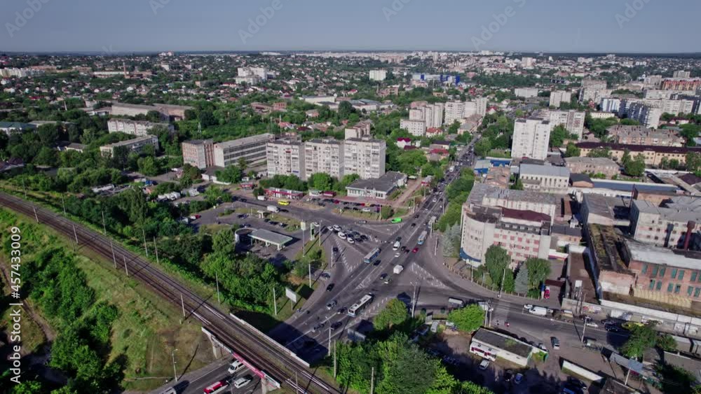Drone aerial view of crossroad in modern city in rush hour Drone aerial view of crossroad in modern city in rush hour