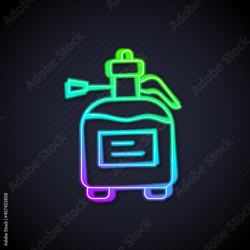 Glowing neon line Garden sprayer for water, fertilizer, chemicals icon isolated on black background. Vector