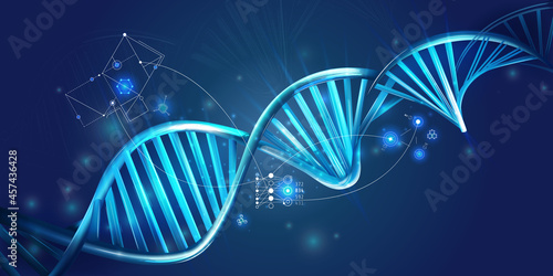 Glowing DNA spiral and HUD elements on a dark blue background.