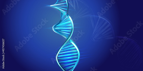 DNA spiral model on a blue background.