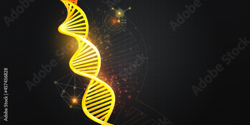 Golden glow of DNA model on a black background.