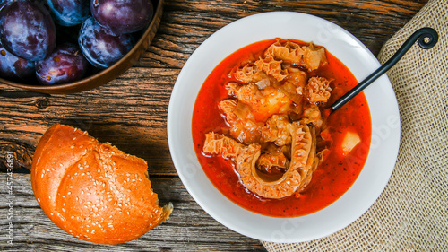Traditional slovak tripe soup table top view