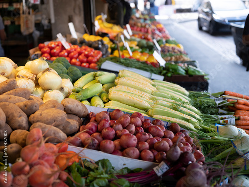 Fototapeta Naklejka Na Ścianę i Meble -  Group of Fresh organic vegetables on stall for sell in marketplace