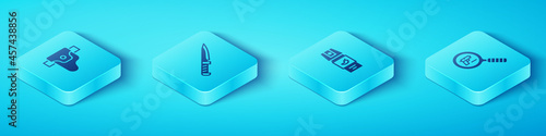 Set Isometric Gun in holster, Military knife, Pistol or gun search and Pepper spray icon. Vector