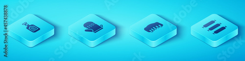 Set Isometric Sauce bottle, Oven glove, Sausage and Grilled pork bbq ribs icon. Vector