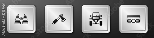 Set Binoculars, Wooden axe, Off road car and Hunting cartridge belt icon. Silver square button. Vector