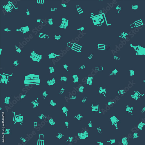 Set Suitcase, , Hotel room bed and Champagne in an ice bucket on seamless pattern. Vector