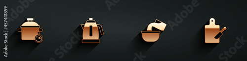 Set Cooking pot, Electric kettle, Saucepan and Cutting board and knife icon with long shadow. Vector