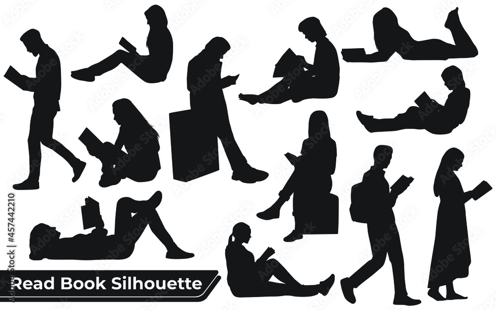 Collection of read book silhouettes in different poses