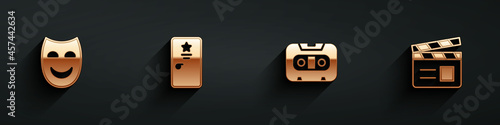 Set Comedy theatrical mask, Backstage, Retro audio cassette tape and Movie clapper icon with long shadow. Vector